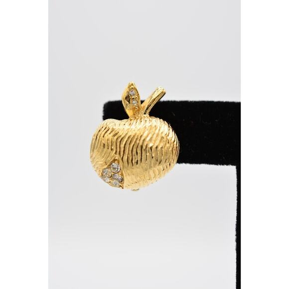Givenchy Vintage Clip On Earrings Apple Rhinestone Brushed Gold Signed 80s BinQ - Picture 6 of 12